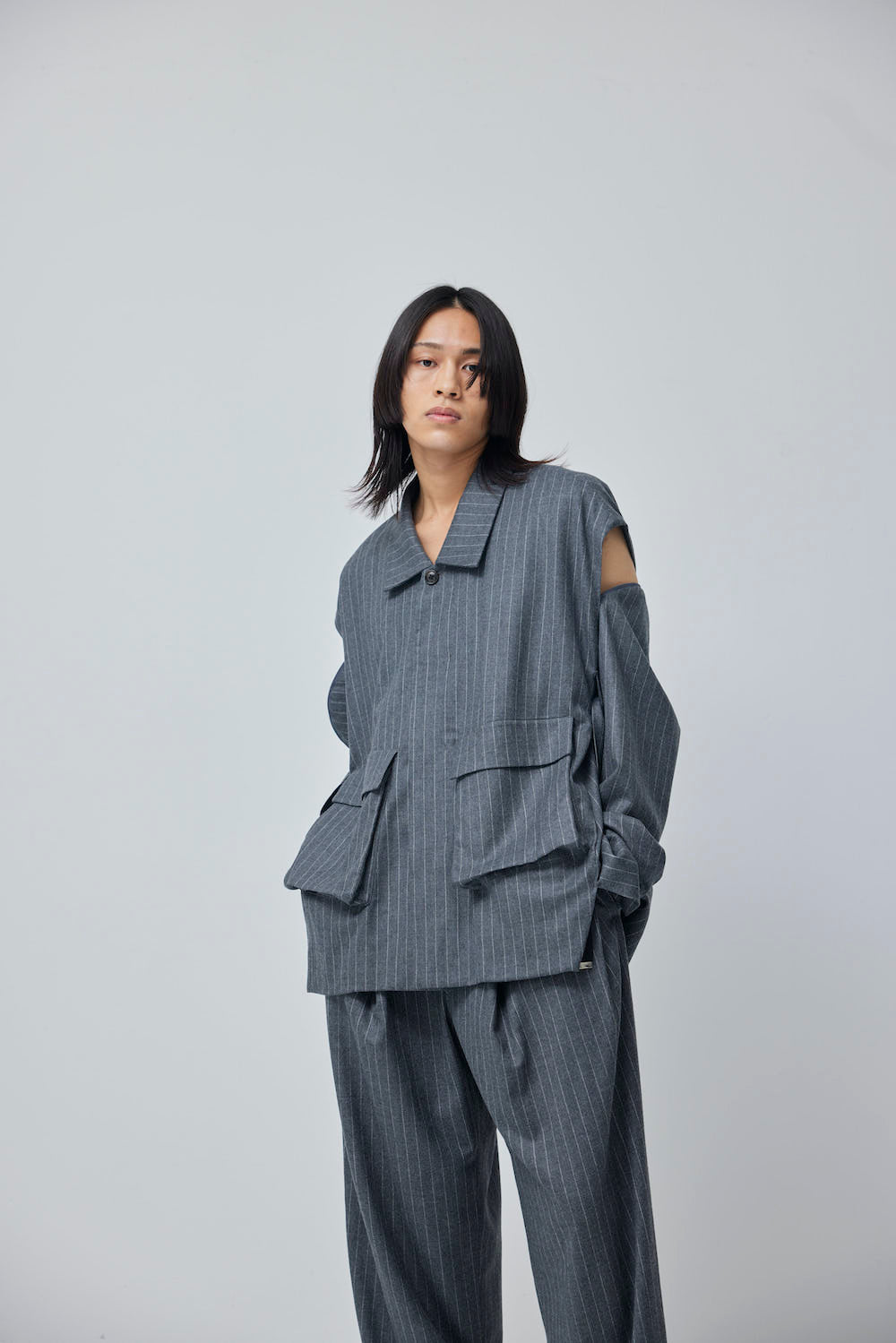 LB23AW-MJK01-GST | ストライプウールサージデタッチャブルフィールドジャケット | GRAY STRIPE