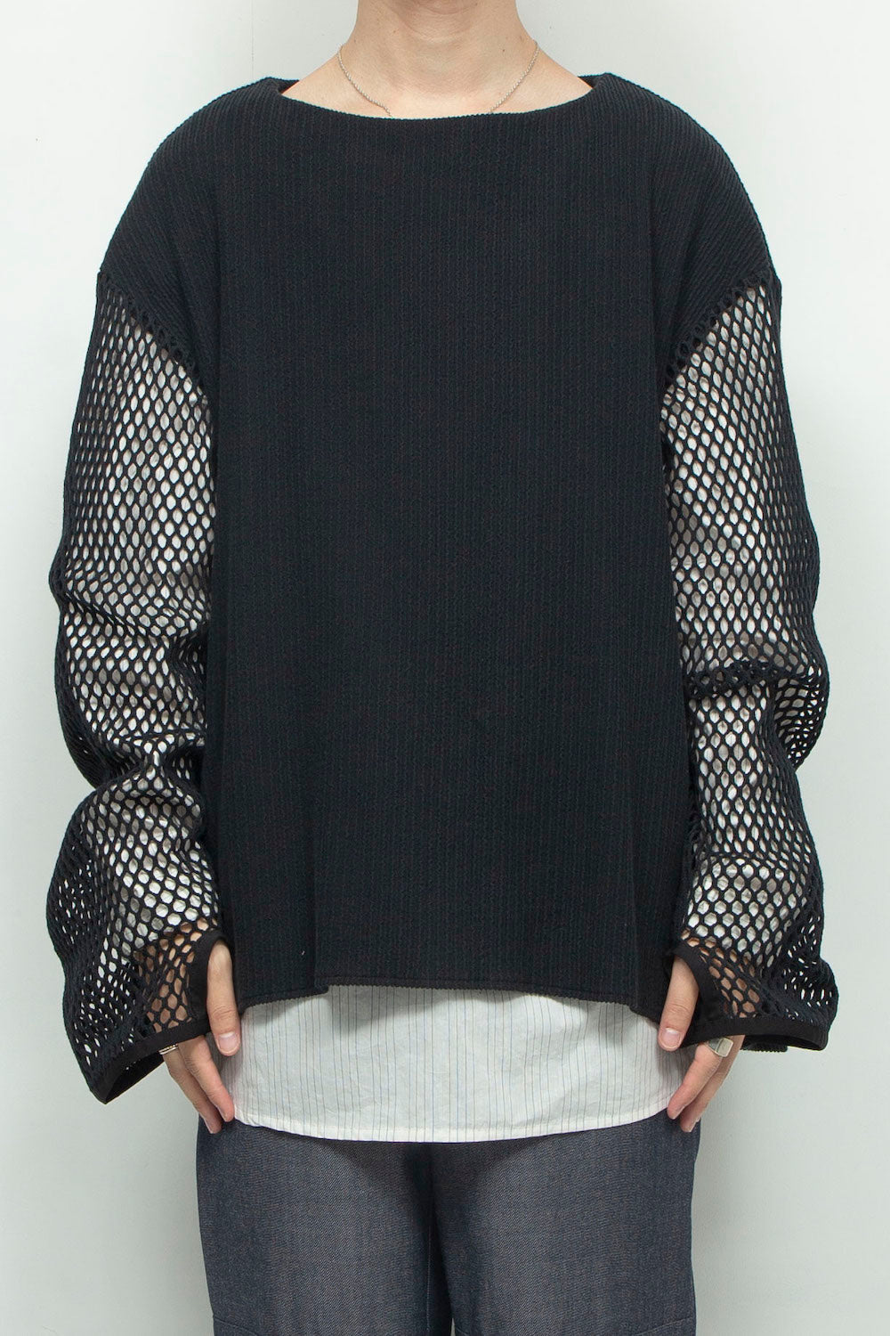 *限定カラー* LB24AW-PO06-FSJ | フェイクレイヤーボートネックプルオーバー | BLACK×WHITE PIN STRIPE