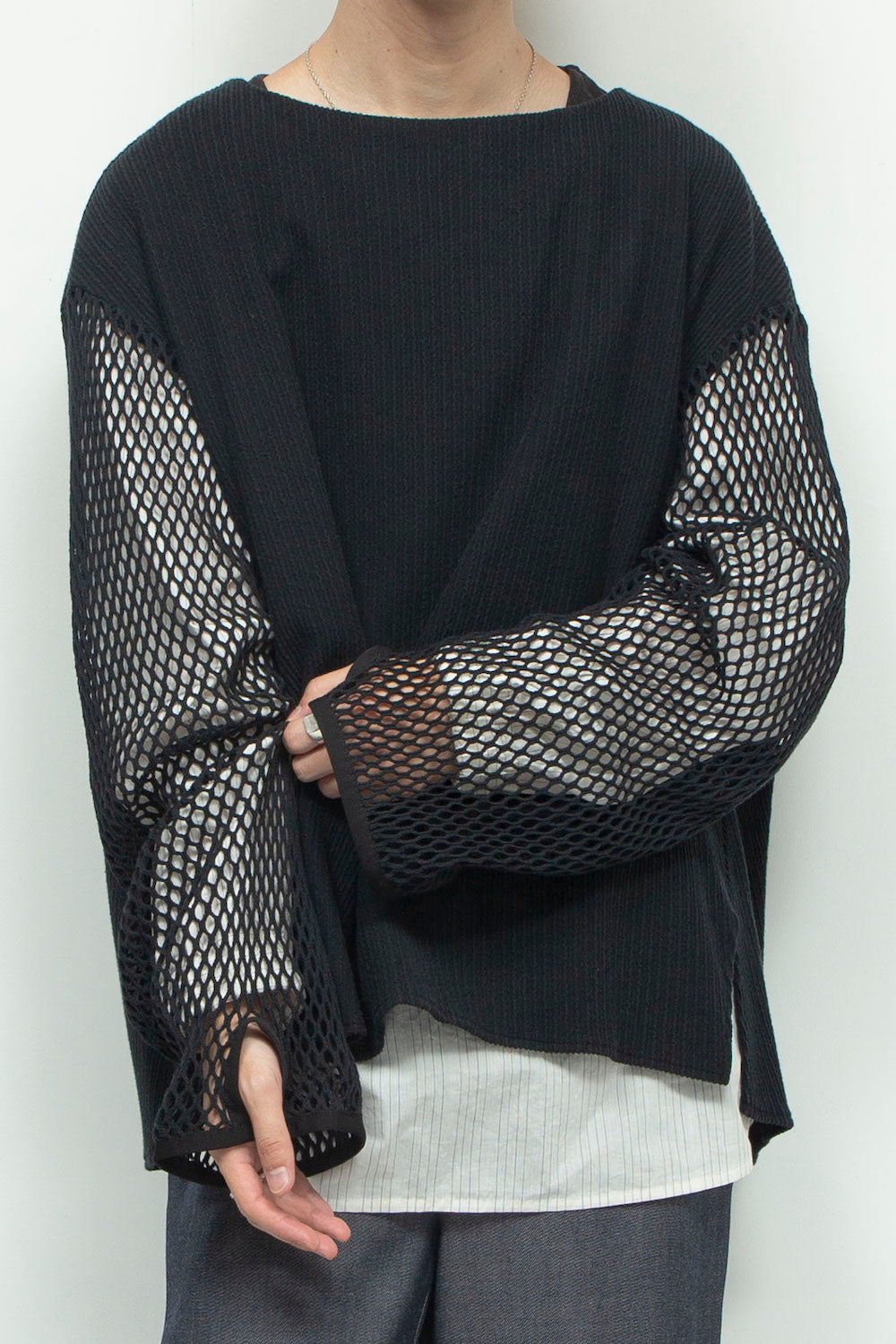 *限定カラー* LB24AW-PO06-FSJ | フェイクレイヤーボートネックプルオーバー | BLACK×WHITE PIN STRIPE