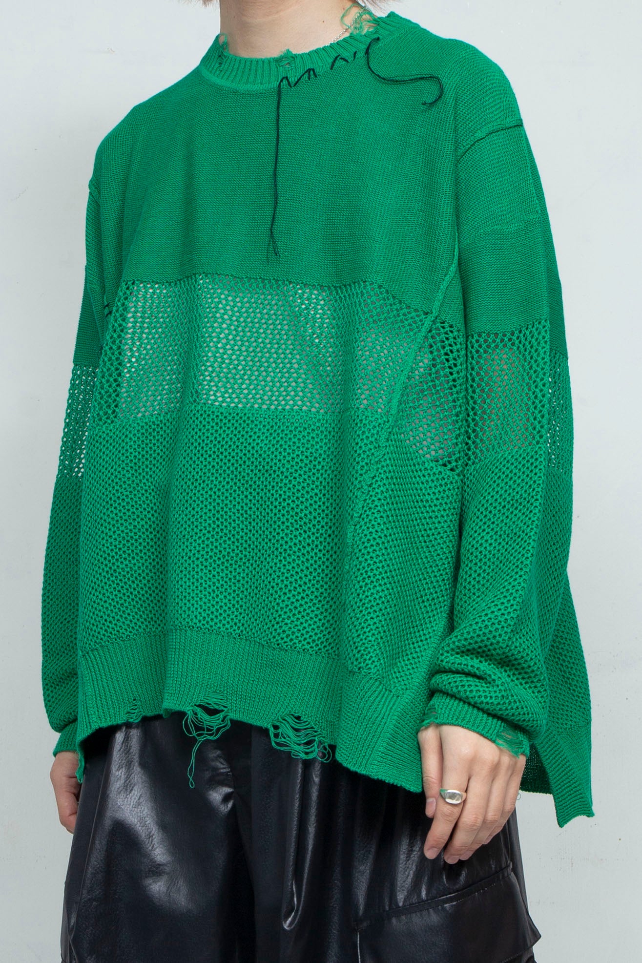 <last> LB25SS-KNTE03 | Hand-stitched crushed summer knit | GREEN</last>