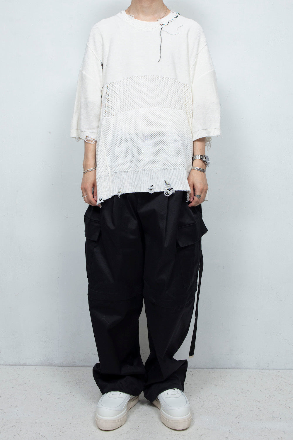 <再入荷>*限定* LBLM-KNTE02 | クラッシュドハンドステッチニットTシャツ | OFF WHITE