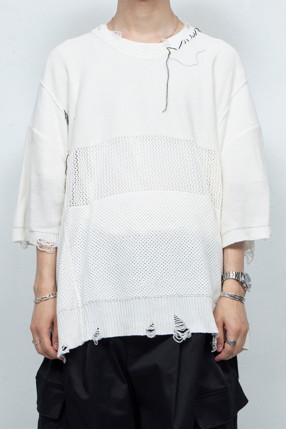 *限定* LBLM-KNTE02 | クラッシュドハンドステッチニットTシャツ | OFF WHITE