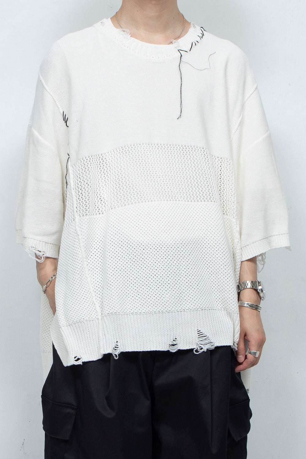 *限定* LBLM-KNTE02 | クラッシュドハンドステッチニットTシャツ | OFF WHITE