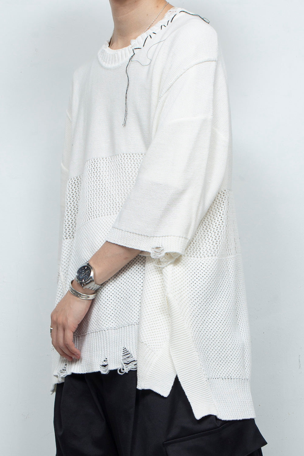 <再入荷>*限定* LBLM-KNTE02 | クラッシュドハンドステッチニットTシャツ | OFF WHITE