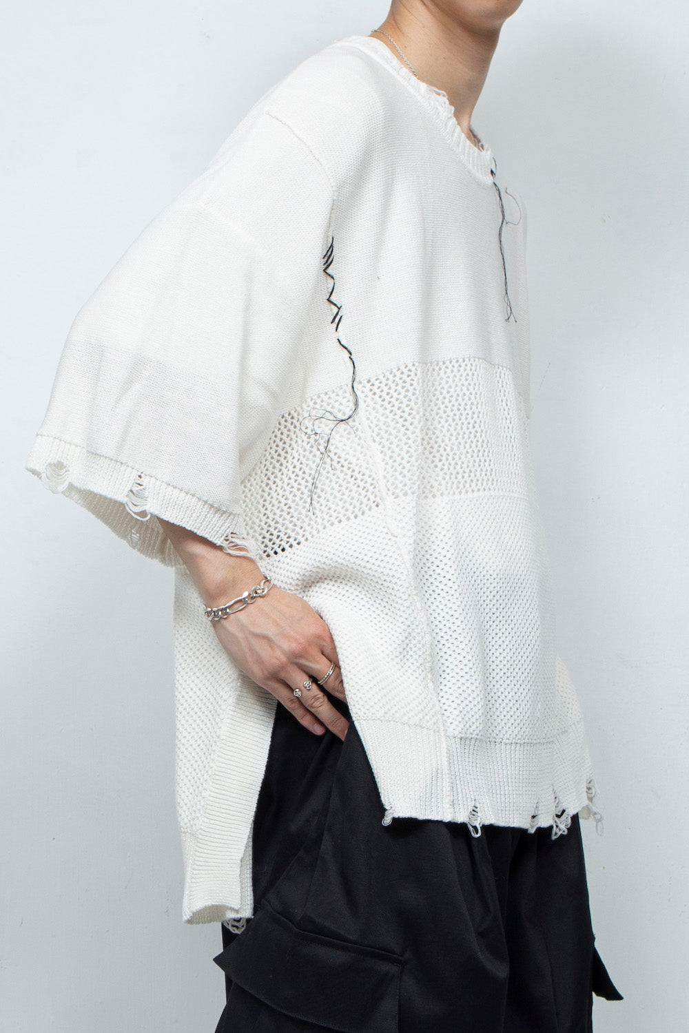 *限定* LBLM-KNTE02 | クラッシュドハンドステッチニットTシャツ | OFF WHITE