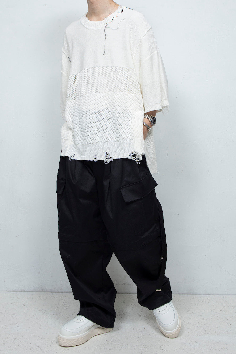 *限定* LBLM-KNTE02 | クラッシュドハンドステッチニットTシャツ | OFF WHITE