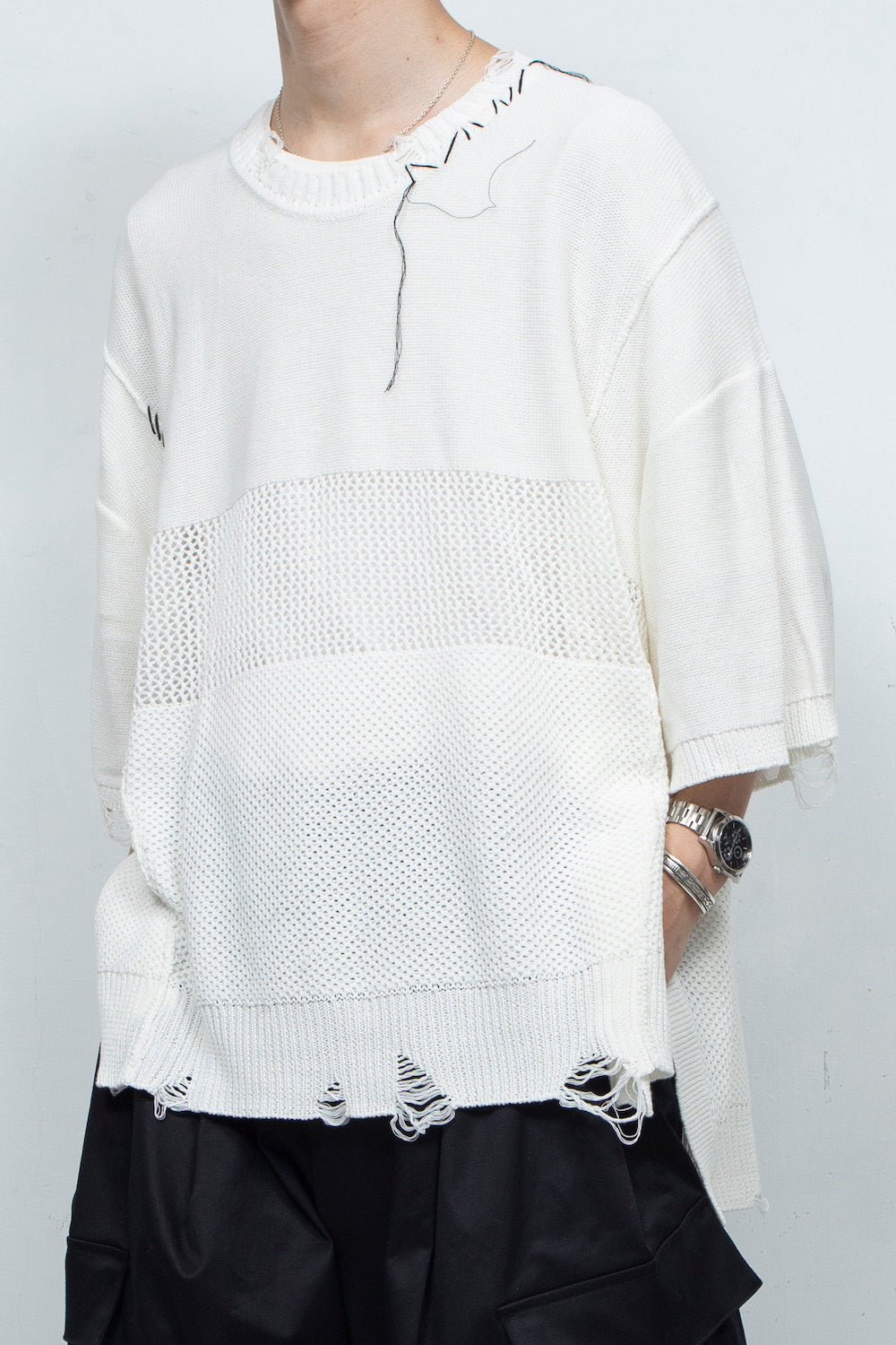 <再入荷>*限定* LBLM-KNTE02 | クラッシュドハンドステッチニットTシャツ | OFF WHITE