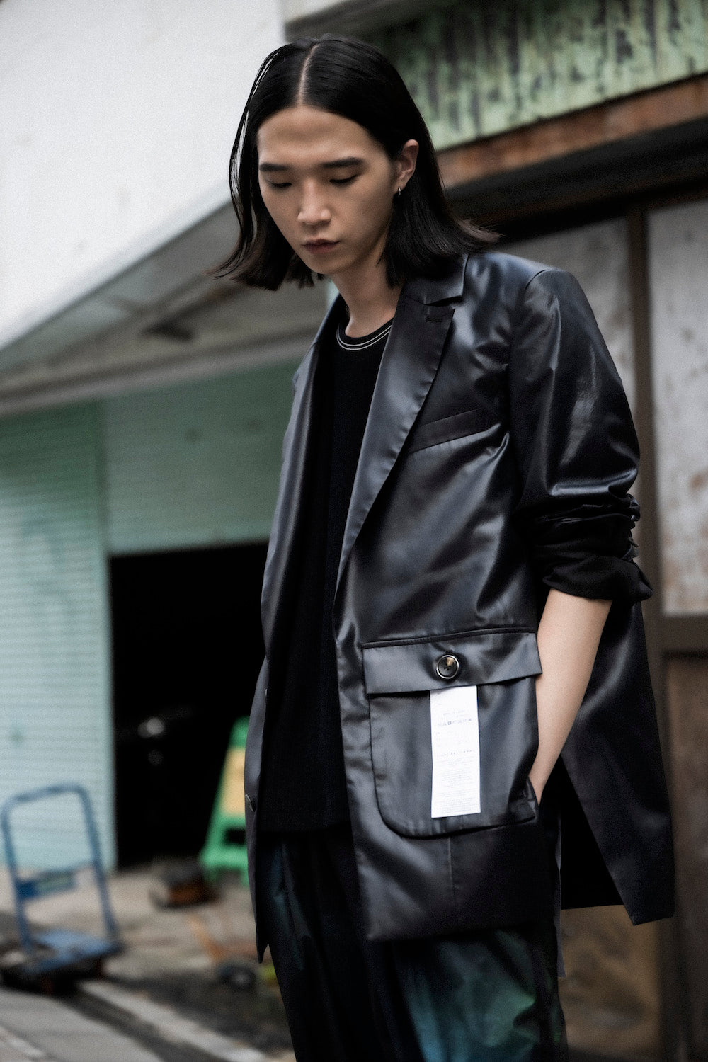 LB25SS-JK06-FFL| FAKE-FAKE LEATHER Ⅱ アシンメトリーディテールテーラードジャケット | BLACK