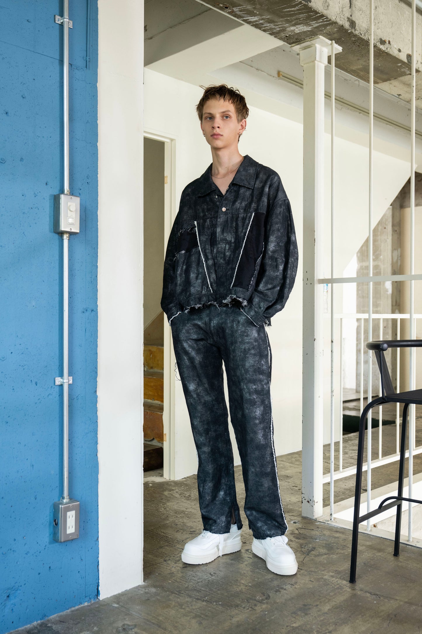 <LAST 1点> LB26SS-JK02-HPD | ホイルプリント再構築カーペンターデニムジャケット | BLACK×FOIL