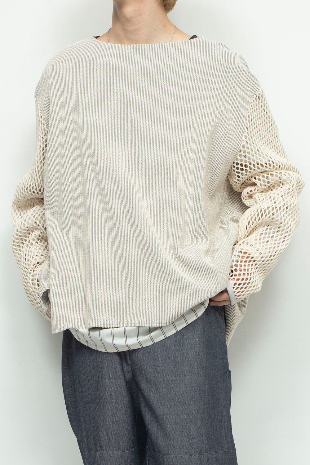 LB24AW-PO06-FSJ | フェイクレイヤーボートネックプルオーバー | IVORY×OFFWHITE STRIPE