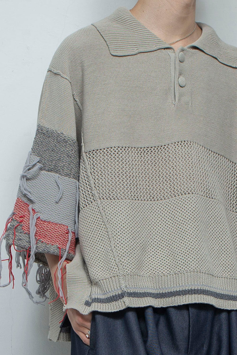LB24SS-KNPS01-TRA-PS | Thread intarsia summer knit polo neck | SAND 