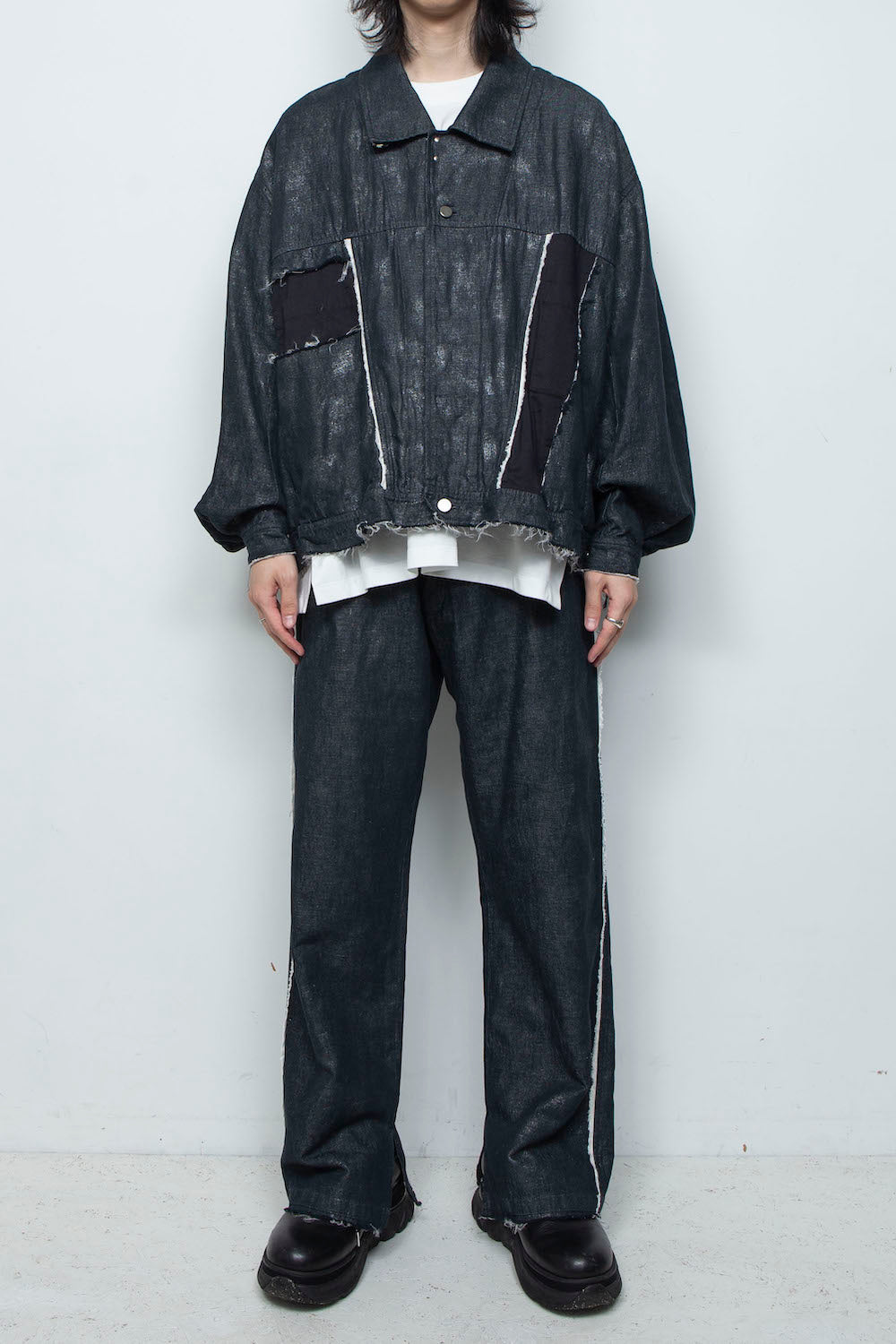 <LAST 1点> LB26SS-JK02-HPD | ホイルプリント再構築カーペンターデニムジャケット | BLACK×FOIL