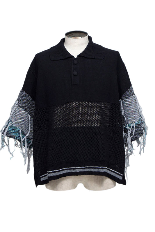 LB24SS-KNPS01-TRA-PS | Thread intarsia summer knit polo neck | BLACK 