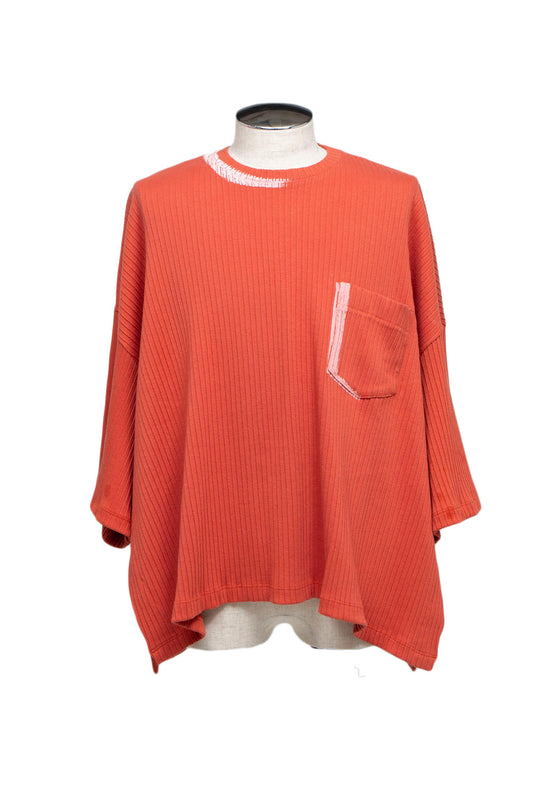 LB24SS-TE09-CPR-HP | Hand-painted pleated rib knit side vent T-shirt | BURNT ORANGE 