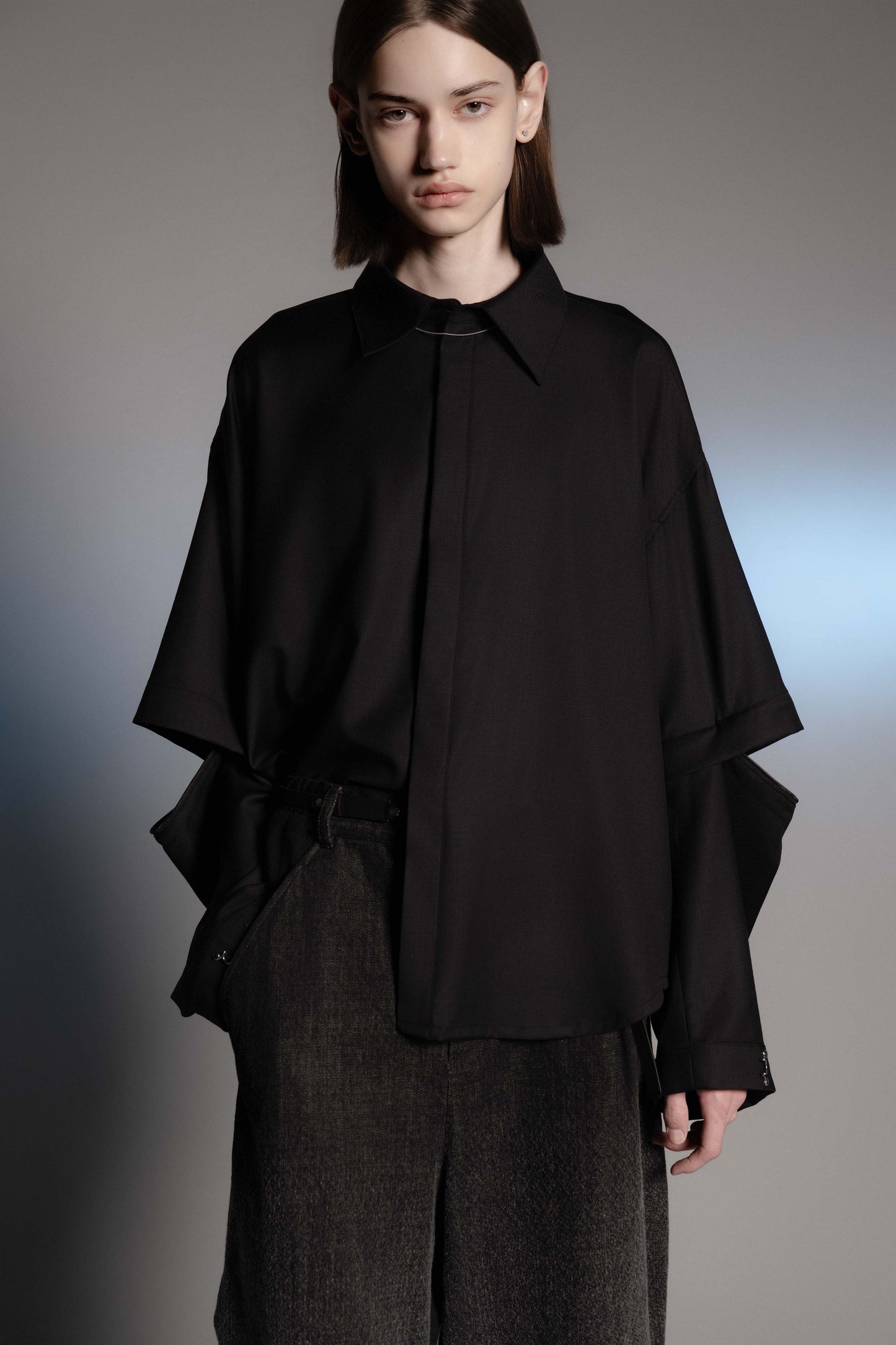 <LAST 1点> LB26AW-SH11-SCO |  SUPER140Sウール デタッチャブルスリーブシャツ | BLACK