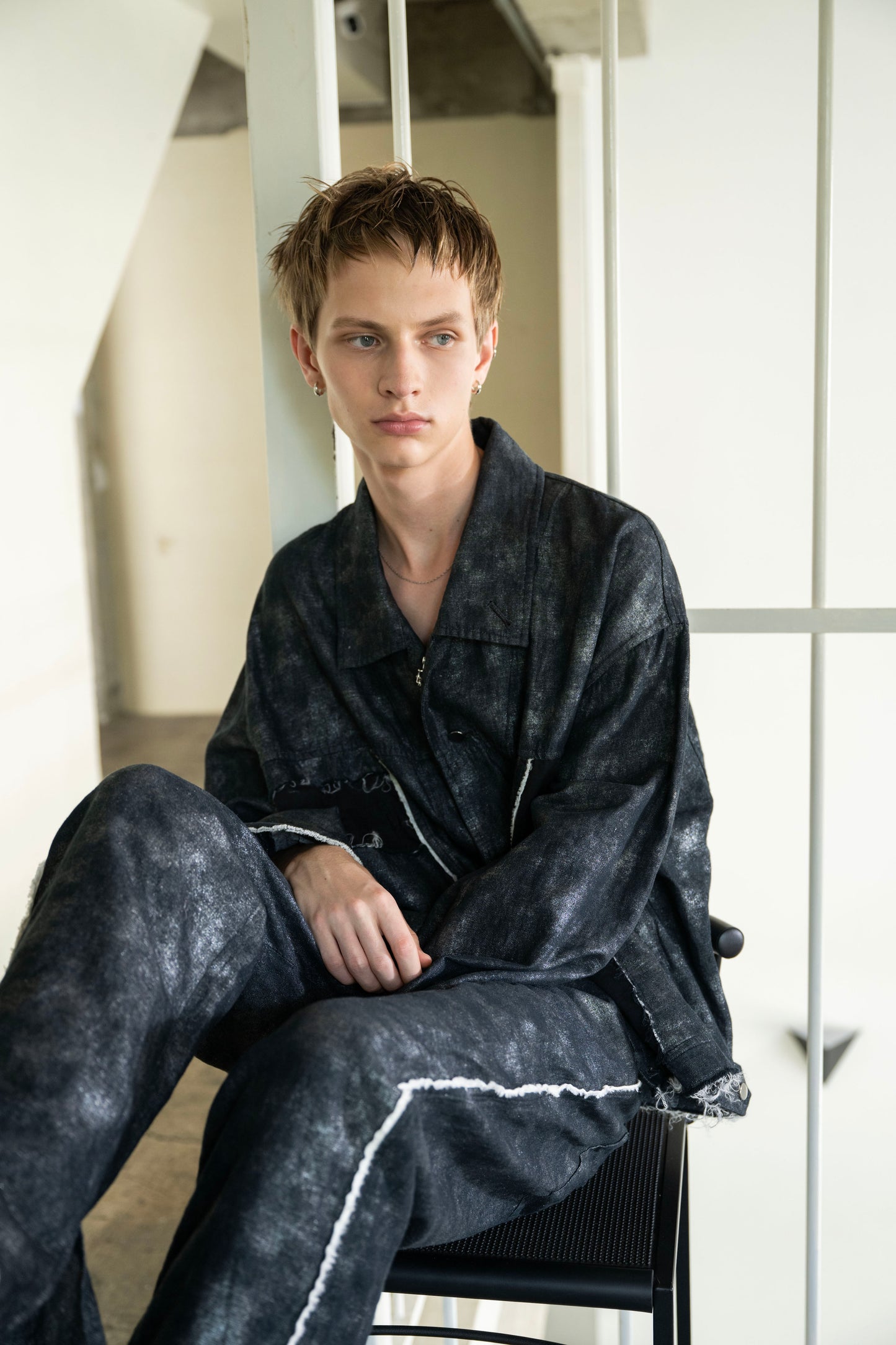 <LAST 1点> LB26SS-JK02-HPD | ホイルプリント再構築カーペンターデニムジャケット | BLACK×FOIL